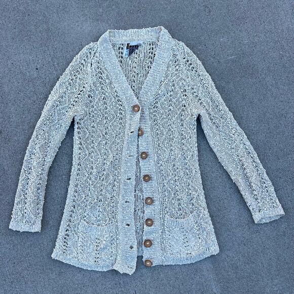 Vintage Pallas 100% Irish Linen Open Weave 3D Cardigan Boho Cottagecore Earthy S - Picture 1 of 4